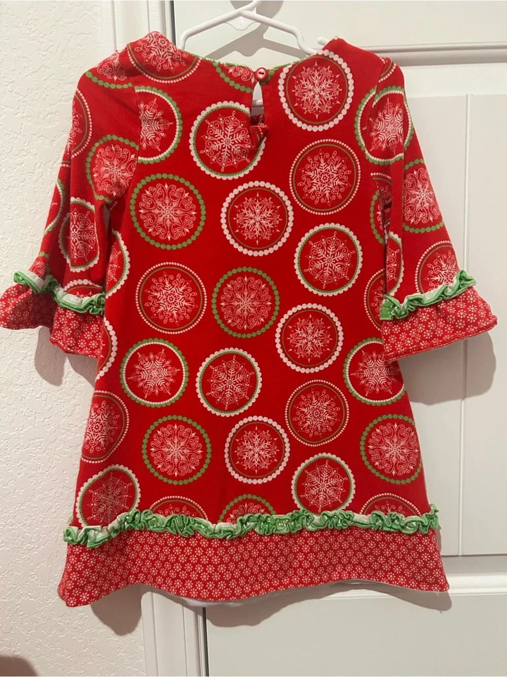 Counting Daisies Red Holiday Snowflake Dress with Green Trim